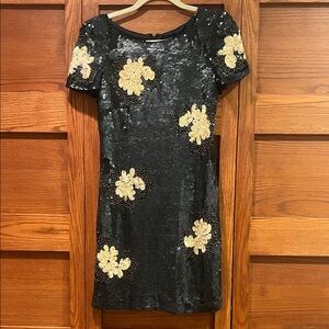 DKNY Black Sequin Dress with Gold and pink Floral Accents